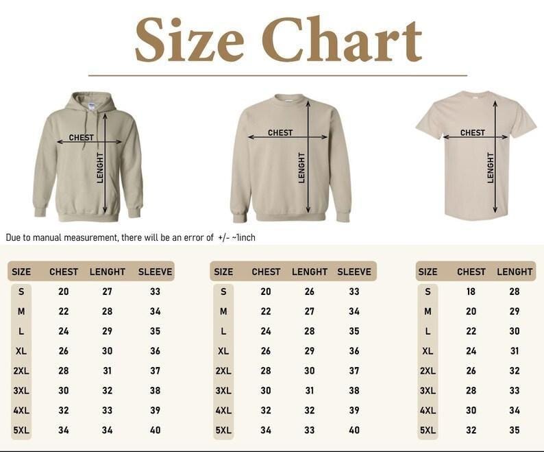May include: A size chart for apparel, featuring a hoodie, sweatshirt, and t-shirt. The chart includes measurements for chest, length, and sleeve in inches, with sizes ranging from S to 5XL. The text "Size Chart" is at the top.