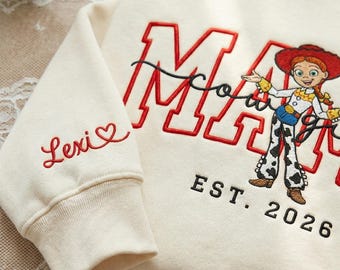 Custom Mama Embroidered Sweatshirt, Mother's Day Crewneck, Mama Toy Cartoon Shirt, Custom Sleeve Names Sweatshirt
