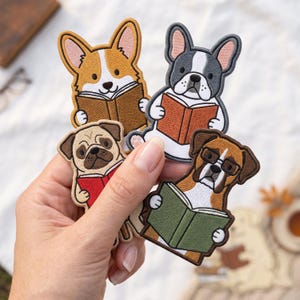 Dog Reading Embroidered Patch Set, Iron On Sew On Book Lover Dog Patches, Cute Puppy Bookworm Patch, Dog Lover Gift