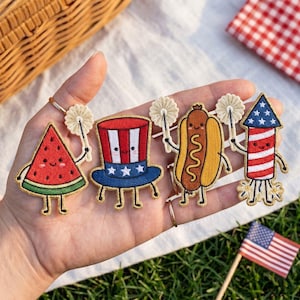 Cute Patriotic Embroidered Patch Set, July Fourth Food Iron On Applique, Firework Hot Dog Watermelon Sew On Patch, Summer BBQ Bag Gift DIY
