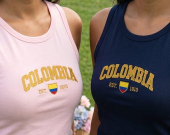 Débardeur court brodé Colombie, chemise sans manches pour femme pour le jour du match de football avec drapeau et EST 1810