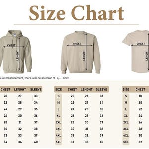 Op de afbeelding: Een maattabel voor kleding, met een hoodie, sweatshirt en t-shirt. Afmetingen worden gegeven voor borst, lengte en mouw in centimeters. De tabel bevat maten S tot en met 5XL.