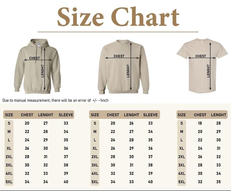 Op de afbeelding: Een maattabel voor kleding, met een hoodie, sweatshirt en t-shirt. Afmetingen worden gegeven voor borst, lengte en mouw in centimeters. De tabel bevat maten S tot en met 5XL.