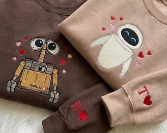 Custom Embroidered Cartoon Couple Matching Sweatshirt, Couple Embroidery Crewneck, Initial On Sleeve, Movie Character Couple Shirt