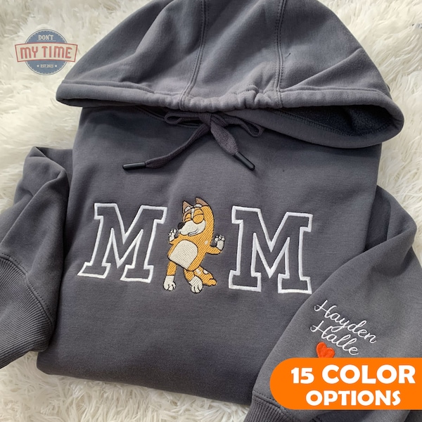 Personalized Mother Blue Dog Embroidered Sweatshirt, Custom Dog Mom Birthday Party Shirt, Gift For Mama, Mother's Day Embroidered Sweatshirt