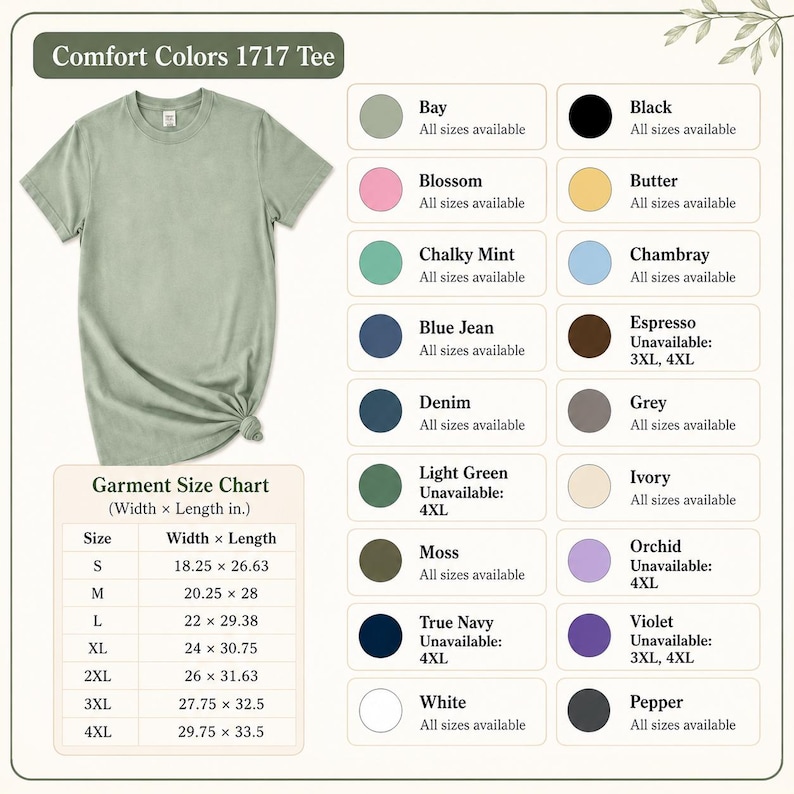 Op de afbeelding: Een saliegroen t-shirt met korte mouwen, gelabeld als Comfort Colors 1717 Tee, vergezeld van een kleurenpalet met zestien cirkelvormige stalen met namen als Bay, Black, Blossom, Butter, en een maattabel met breedte- en lengtematen in inches.