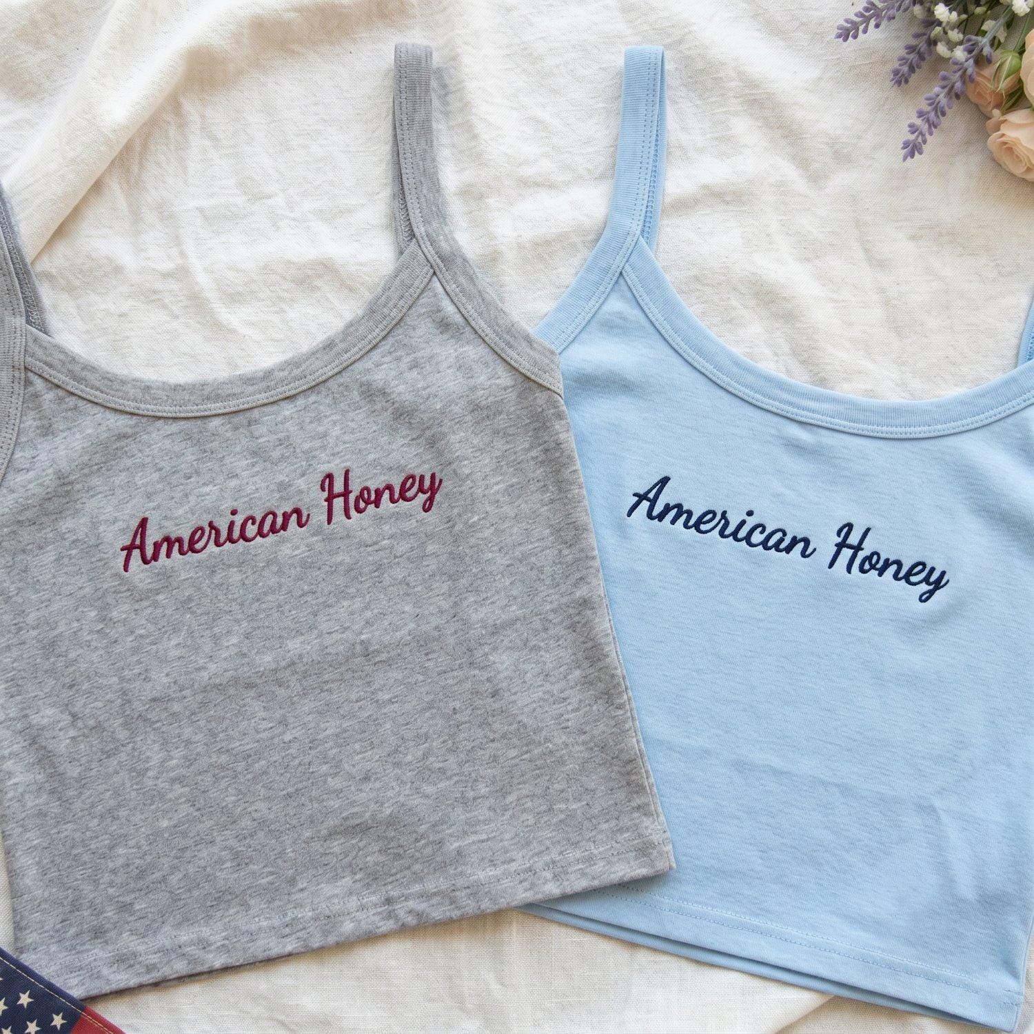 Embroidered American Honey Tank Top, Coquette Patriotic Americana Girl Croptop, Fourth Of July Summer Top, USA Patriotic Country Girl Gift