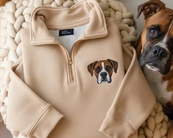 Custom Pet Face Embroidered Quater Zip Shirt, Holiday Gift For Pet Lover, Personalized Dog Memorial Gift