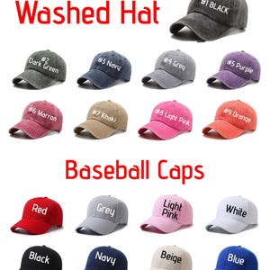 May include: A collection of 18 baseball caps in various colors, including black, grey, navy, red, white, light pink, beige, and blue. The caps are arranged in three rows of six, with the top row labeled "Washed Hat" and the bottom row labeled "Baseball Caps". Each cap has a number and a color name embroidered on the front.