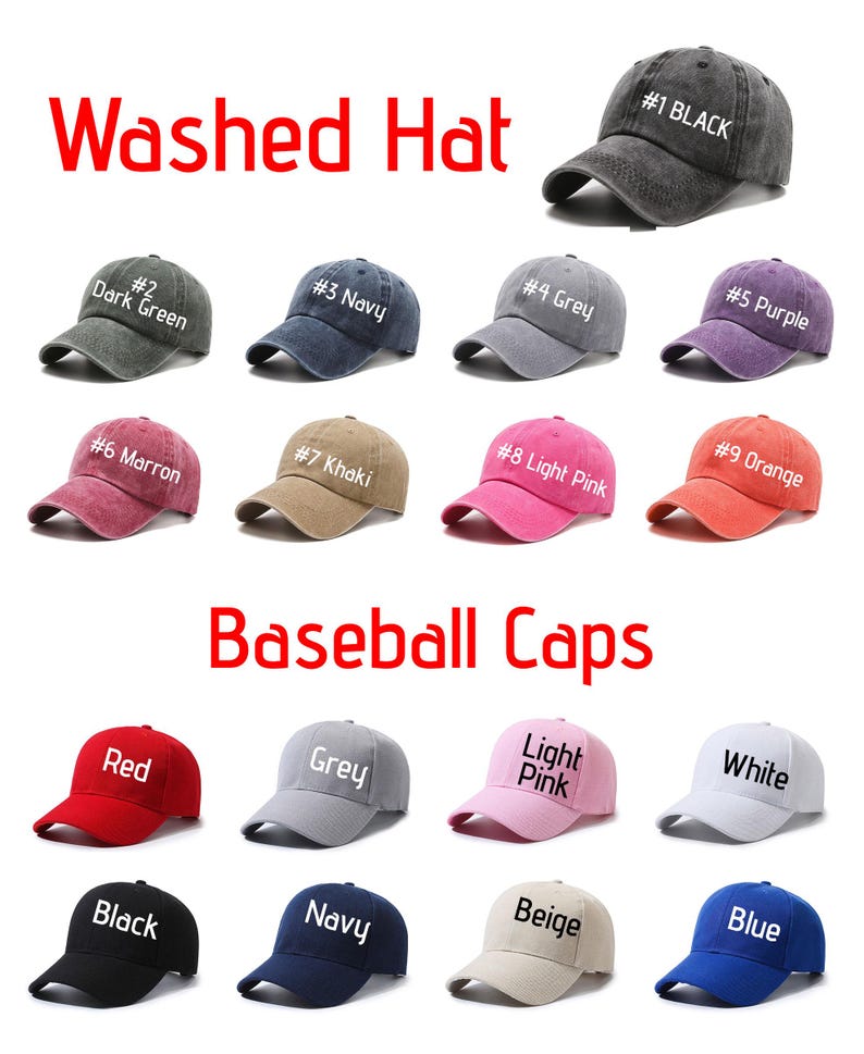May include: A collection of 18 baseball caps in various colors, including black, grey, navy, red, white, light pink, beige, and blue. The caps are arranged in three rows of six, with the top row labeled "Washed Hat" and the bottom row labeled "Baseball Caps". Each cap has a number and a color name embroidered on the front.