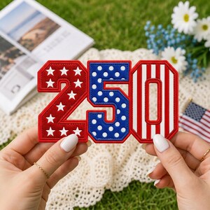 May include: A decorative patch featuring the number 250. The number 2 is red with white stars, the number 5 is blue with white polka dots, and the number 0 features red and white vertical stripes. Each digit has a thick red embroidered border.