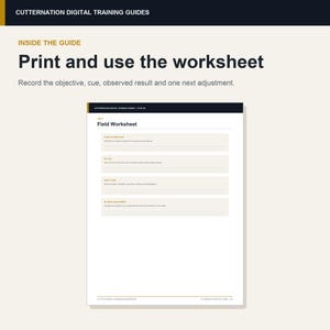 K&ouml;nnte beinhalten: Eine digitale Trainingsanleitung mit dem Titel Cutternation Digital Training Guides. Sie enth&auml;lt den Text Print and use the worksheet, gefolgt von einem Field Worksheet mit Abschnitten f&uuml;r Today's Objective, My Cue, What I Saw und My Next Adjustment.