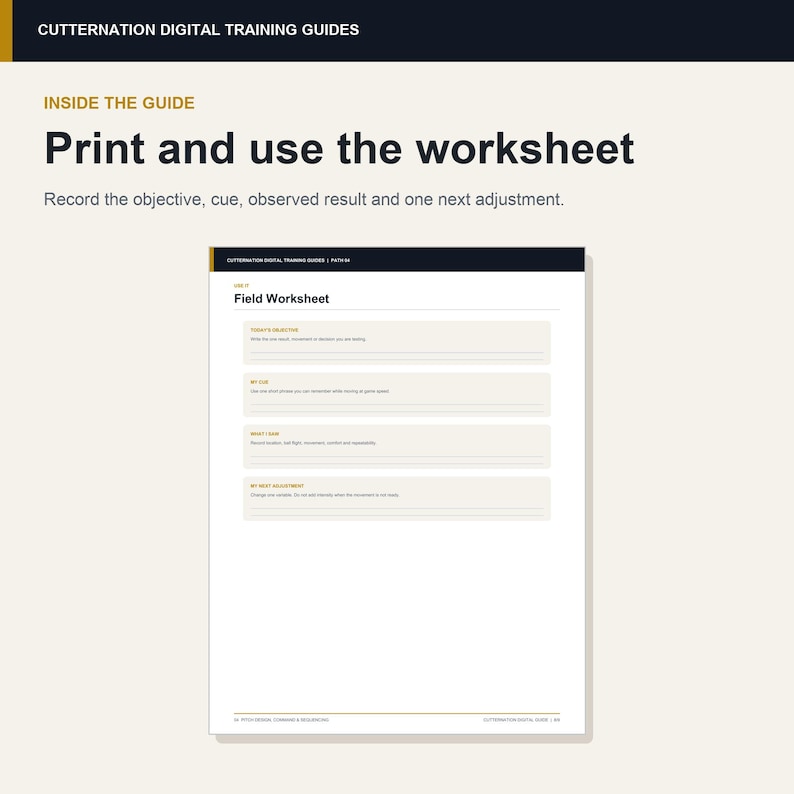 K&ouml;nnte beinhalten: Eine digitale Trainingsanleitung mit dem Titel Cutternation Digital Training Guides. Sie enth&auml;lt den Text Print and use the worksheet, gefolgt von einem Field Worksheet mit Abschnitten f&uuml;r Today's Objective, My Cue, What I Saw und My Next Adjustment.
