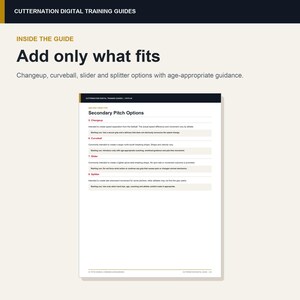 K&ouml;nnte beinhalten: Ein digitaler Trainingsleitfaden mit dem Titel Cutternation Digital Training Guides und der &Uuml;berschrift Add only what fits. Das Dokument beschreibt sekund&auml;re Wurfoptionen wie Changeup, Curveball, Slider und Splitter mit Anleitungen.