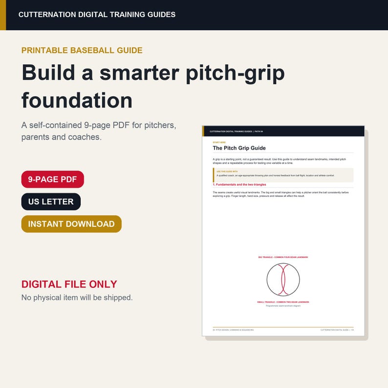 K&ouml;nnte beinhalten: Ein digitaler Trainingsleitfaden mit dem Titel Cutternation Digital Training Guides: Build a smarter pitch-grip foundation. Dieses 9-seitige PDF im US-Letter-Format ist ein Sofort-Download. Das Dokument enth&auml;lt Text und ein Diagramm eines Baseballs.