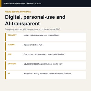 K&ouml;nnte beinhalten: Ein digitaler Trainingsleitfaden mit dem Titel CUTTERNATION DIGITAL TRAINING GUIDES. Das Dokument beschreibt die Kaufbedingungen, einschlie&szlig;lich digitaler Lieferung, 9-seitigem US-Letter-PDF-Format, privater Nutzung, Bildungsinhalten und KI-gest&uuml;tzter Erstellung.