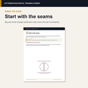 K&ouml;nnte beinhalten: Ein digitaler Trainingsleitfaden mit dem Titel The Pitch Grip Guide, der Text &uuml;ber Nahtmarkierungen und Baseball-Wurfgriffe enth&auml;lt. Die Seite zeigt ein Diagramm eines Baseballs mit roten Linien, die gro&szlig;e und kleine Dreiecke bilden.