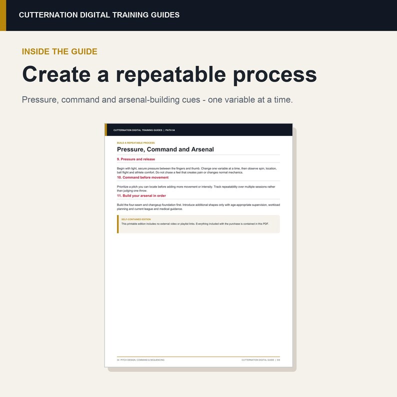 K&ouml;nnte beinhalten: Eine digitale Schulungsanleitung mit dem Titel Cutternation Digital Training Guides und der &Uuml;berschrift Create a repeatable process. Das Dokument enth&auml;lt Anweisungen zu Pressure, Command and Arsenal, einschlie&szlig;lich der nummerierten Schritte 9, 10 und 11.