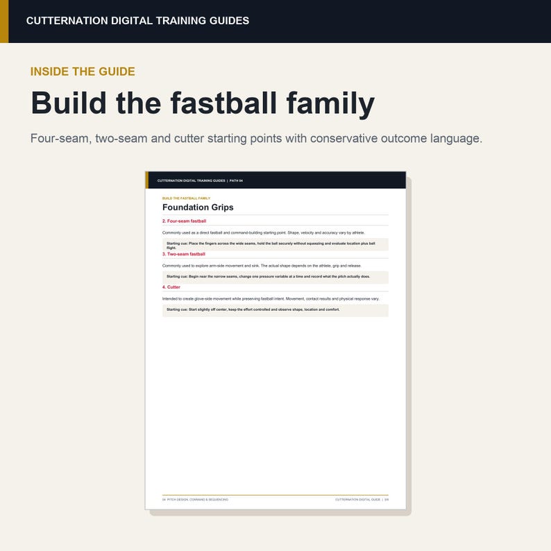 K&ouml;nnte beinhalten: Ein digitaler Trainingsleitfaden mit dem Titel Cutternation Digital Training Guides, der den Text Build the fastball family und Foundation Grips enth&auml;lt. Das Dokument beschreibt Ausgangspunkte f&uuml;r Four-Seam-, Two-Seam- und Cutter-W&uuml;rfe.