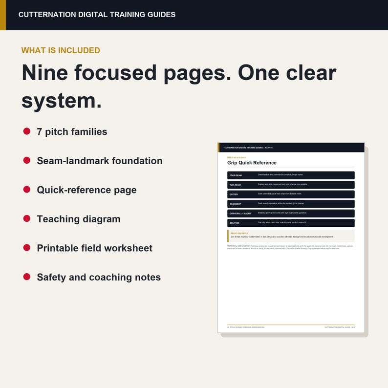 K&ouml;nnte beinhalten: Ein digitaler Trainingsleitfaden mit dem Titel CUTTERNATION DIGITAL TRAINING GUIDES, bestehend aus neun Seiten und einem System. Der Text listet sieben Pitch-Familien, Naht-Grundlagen, eine Schnellreferenzseite, ein Diagramm und Notizen auf.