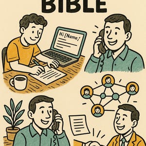 May include: Illustration titled "COLD OUTREACH BIBLE" showing cartoon figures in business scenarios. Depicted are individuals using a laptop, on the phone, and networking. The image has a vintage, hand-drawn aesthetic.