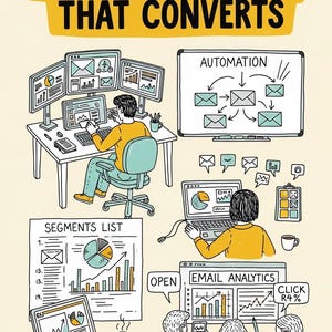 May include: An illustration about email marketing. The image features the text "EMAIL MARKETING THAT CONVERTS" in a yellow banner. It depicts people working on computers, analyzing data, and using automation tools to improve email campaigns.