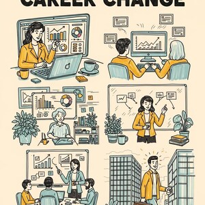 Peut inclure: Illustration intitulée "Data Analyst Career Change" représentant diverses scènes d'analyse de données et de transitions de carrière. L'image montre des personnes travaillant sur des ordinateurs, présentant des données et une personne marchant avec une mallette.