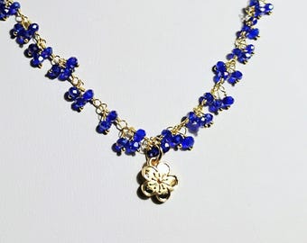 Necklace Gold Plated Blue Glass Flower Charm Beaded Crystal