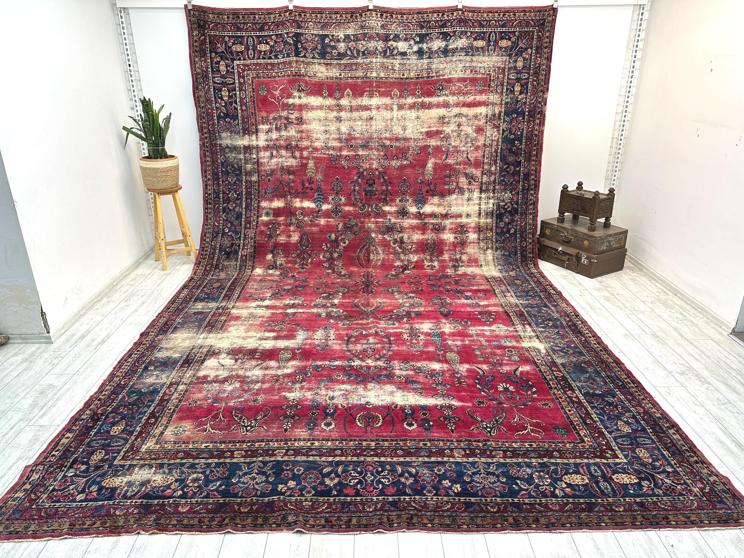 Antique 9.7x16.1 Ft Distressed Turkish Rug – 100 Yr Old Vintage