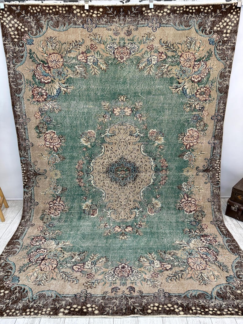 Oversized vintage Turks tapijt – handgeweven wollen tapijt, groot boho-tapijt voor woonkamer, slaapkamer of eetkamer, 7,1 x 9,9 ft afbeelding 2