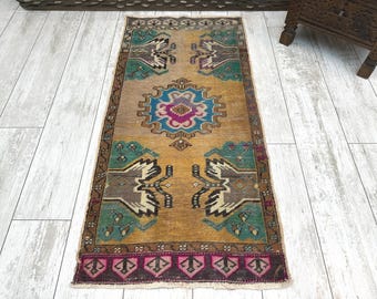 2Turkish Mini Rug, Small Vintage Rug, Small Oushak Rug, Faded Rug, Kitchen Mat, Bedroom Rug, Laundry Rug, Turkish Doormat, 1.7x3.5 Boho Rug