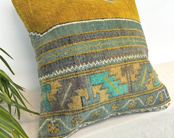 Handgefertigter türkischer Kissenbezug (50 x 50 cm), Vintage-Wollteppichkissen, dekoratives Sofakissen, rustikales Landhaus-Accessoire