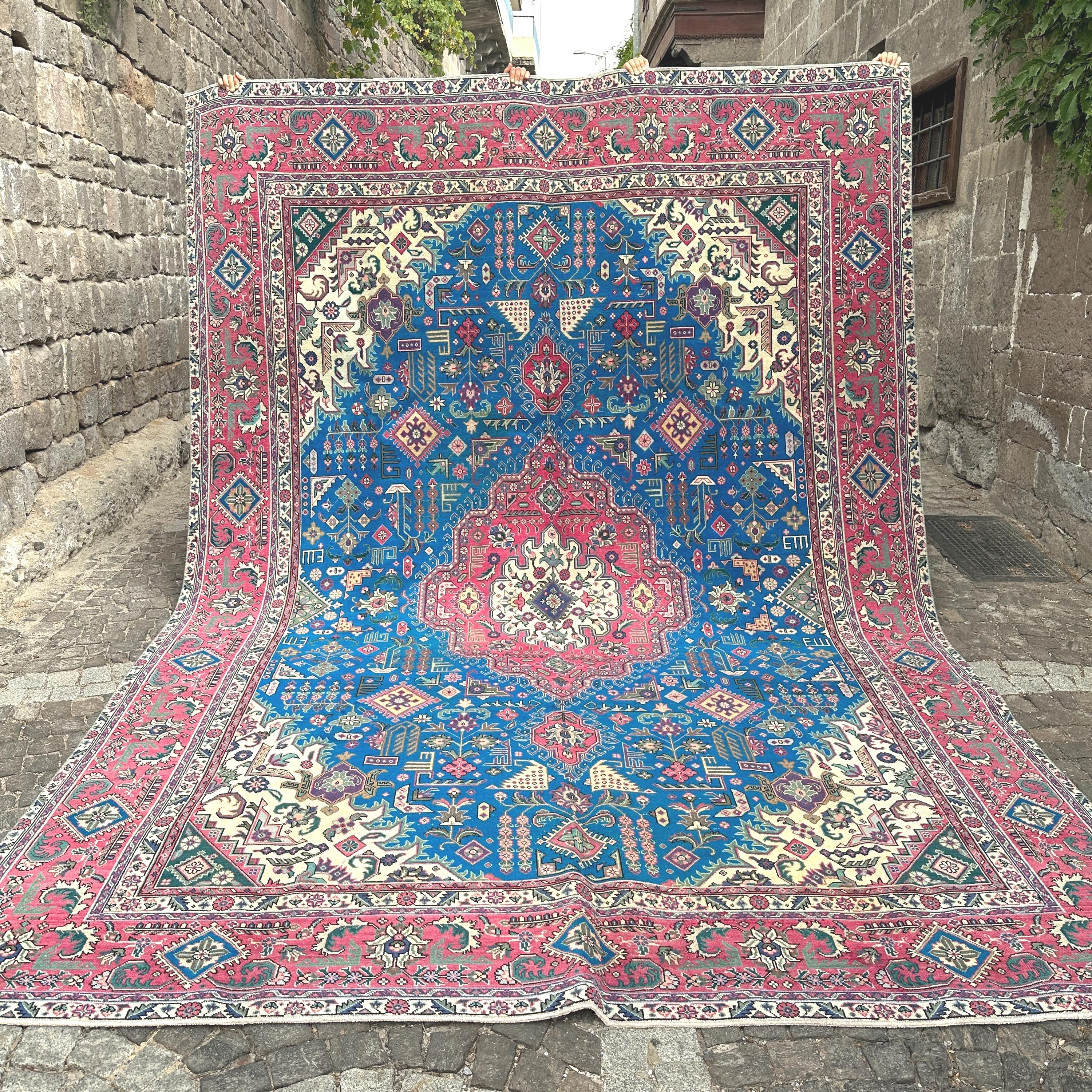 ラグ vintage turkish rug, 049 9x12 Vintage Turkish Rug, Blue Medallion Carpet, Oversized Hand