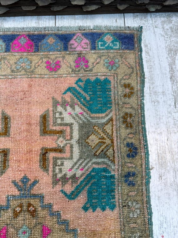 Small Turkish Rug, Vintage Bath Mat, Mini Oushak Rug, Turkish