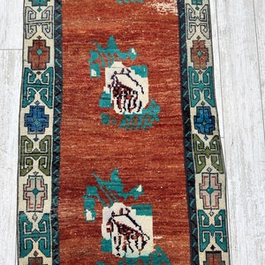 Hallmatta, turkisk löparmatta, handgjord turkisk matta, vintage löparmatta, handgjord matta, bleknad matta, bohomatta, köksmatta, 2,5 x 11,4 fot bild 6
