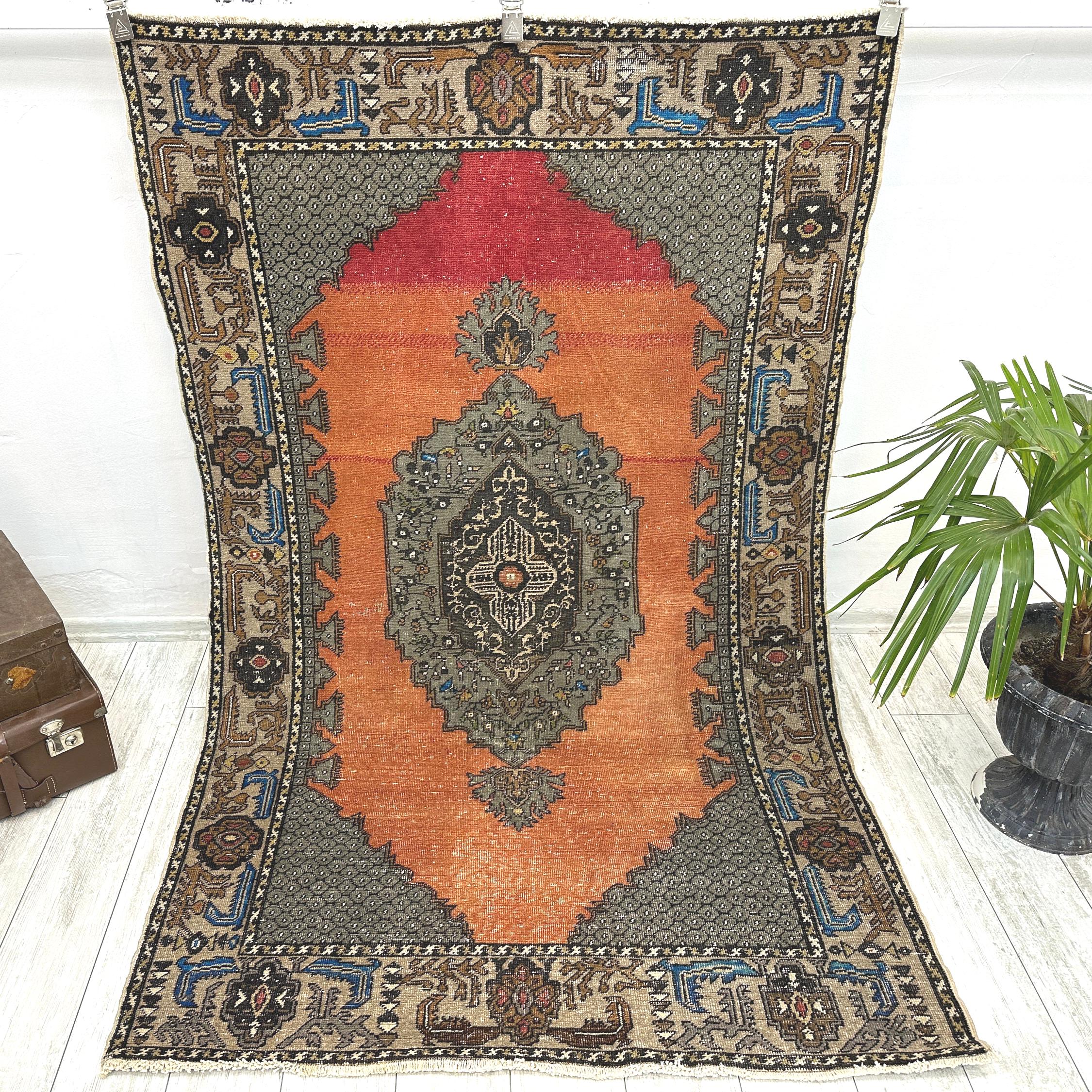 Vintage Oushak Turkish Rug, 4.1x6.5 Ft, Handmade Wool Boho Decor