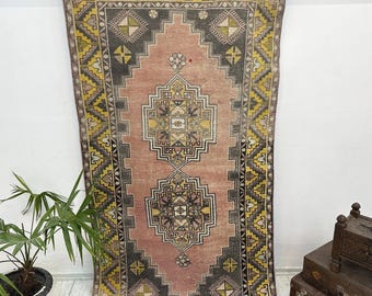Turkish Tribal Rug 3.8x7 Ft Vintage Wool Area Rug Geometric Living Room Carpet