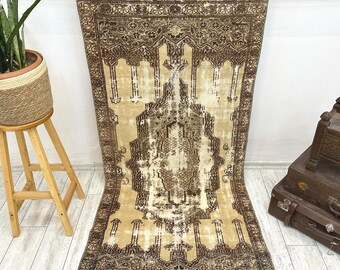 Dywan Vintage Oushak Runner, beżowa wełna, tradycyjny turecki wystrój boho, 2,9 x 6,4 stopy