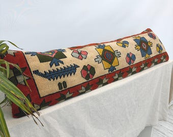 Vintage Turkse lendekussensloop 12 x 48, handgemaakt tapijtkussen, extra lang kussen, bohodecor