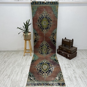 turkish rug, faded rug, oriental rug, vintage runner rug 3.1 x 11.9 Ft aztec rug, boho rug, kitchen rug, handmade rug, organic rug