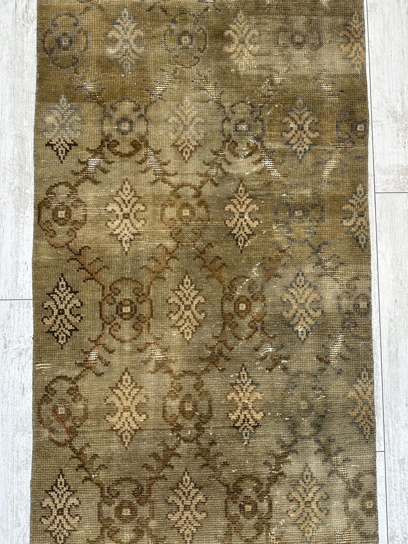 May include: A rectangular area rug featuring a muted olive green and brown color palette. The surface displays a repeating geometric pattern composed of interconnected circular motifs and stylized floral shapes arranged in a vertical grid layout.