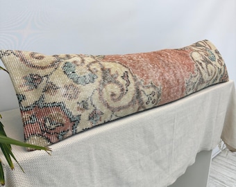 12x48 Vintage Turkish Rug Pillow Cover, Extra Long Lumbar Cushion, Handmade Bench Pillow, Cottage Decor
