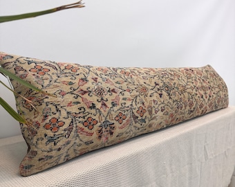 Vintage Kilim Lumbar Pillow 12x48 – Handwoven Turkish Cushion Cover, Boho Decor, Rustic Home Accent, Neutral Tones