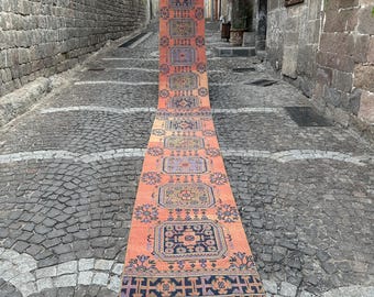 Pink blue rug, Oushak runner rug, Hallway rug, Corridor rug, Turkish rug, Kitchen rug, Floor rug, Wool rug, Vintage rug, 2.6x22.1 ft