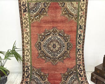 Handwoven Wool Oushak Rug – 4.7x7.3 ft, Pinkish Red Turkish Rug