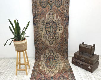 Handcrafted Turkish Runner Rug - Handmade Runner Rug - Puffy Turkish Runner Rug for Hallway - 3.6 x 10.6 feet Rug - Long Hallway Rug