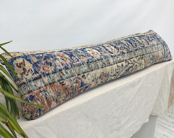 Vintage Turkse tapijt kussenhoes 12x48, extra lang lendenkussen, Anatolisch wollen boho bankkussen, unieke decoratieve hoes