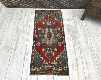 Liten turkisk matta, vintage badrumsmatta, mini-Oushak-matta, turkisk dörrmatta, entrédekor, utomhusmatta, liten vintagematta 1,3x3,1, boho-matta