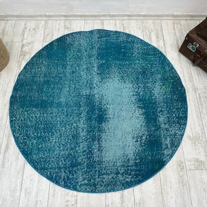 Blue rug, entry mat, round bath mat, oriental mat, throw rug, carpet mat, turkish vintage rug, bedroom mat, circle rug, 4x4 Ft