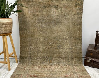 Rustic Vintage Handmade Rug, Distressed Wool Carpet with Unique Character, A Perfect Antique Piece to Enhance Your Home Decor, 4.3 x 6.8 ft.